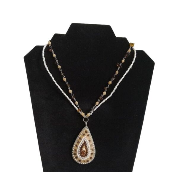 Brown and Tan Seed Beads Double Strand Teardrop Metal Pendant Statement Necklace - Picture 1 of 10